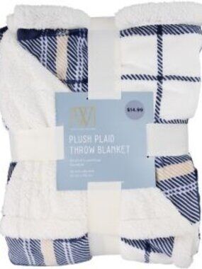 Wayland Square Sherpa Throw Blanket, Navy Plaid, 50 X 60 in